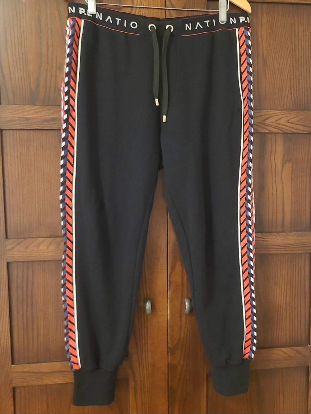 P.E NATION Black Track Joggers with Red White Blue Graphic Side Stripes Size Med